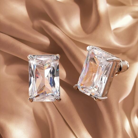 Elegant Silver Emerald Cut BlueWhite Cubic Zirconia Stud Earrings - Picture 5 of 8